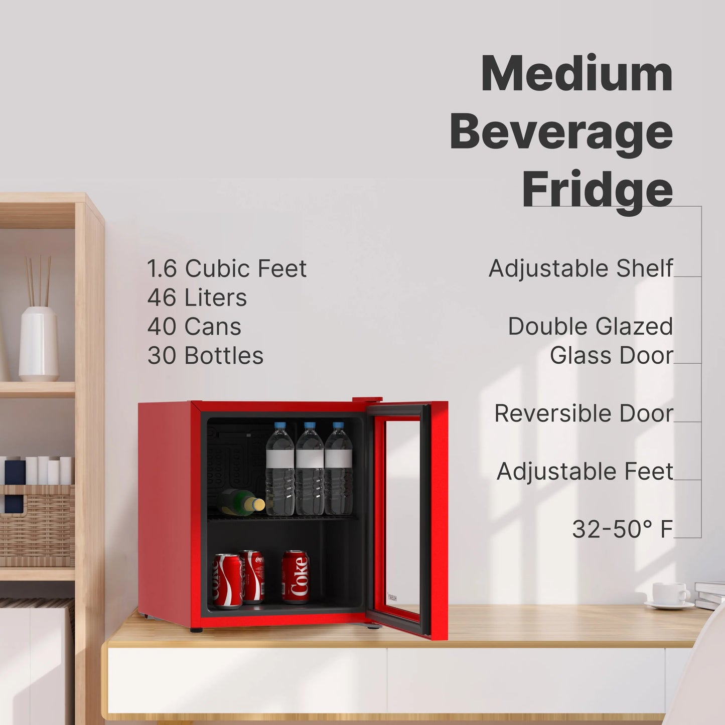 Husky Premium 46L Beverage Refrigerator 1.6 Cu.ft. Freestanding Counter-Top Mini Fridge With Glass Door in Red