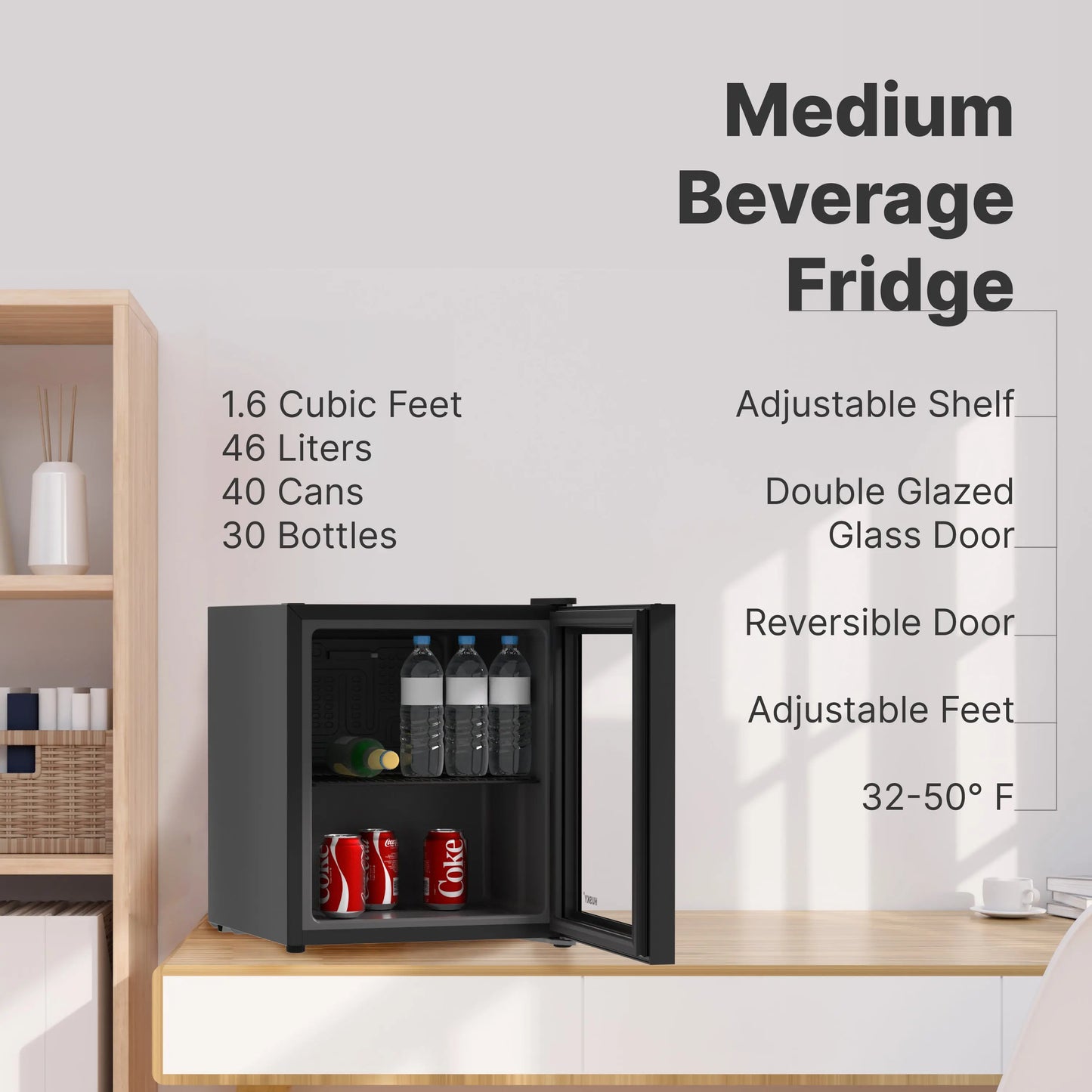 Husky Premium 46L Beverage Refrigerator 1.6 Cu.ft. Freestanding Counter-Top Mini Fridge With Glass Door in Black