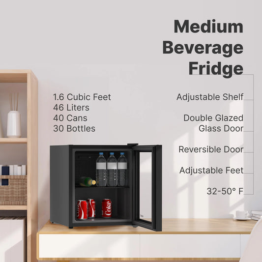Husky Premium 46L Beverage Refrigerator 1.6 Cu.ft. Freestanding Counter-Top Mini Fridge With Glass Door in Black