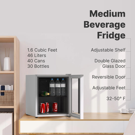 Husky Premium 46L Beverage Refrigerator 1.6 Cu.ft. Freestanding Counter-Top Mini Fridge With Glass Door in White
