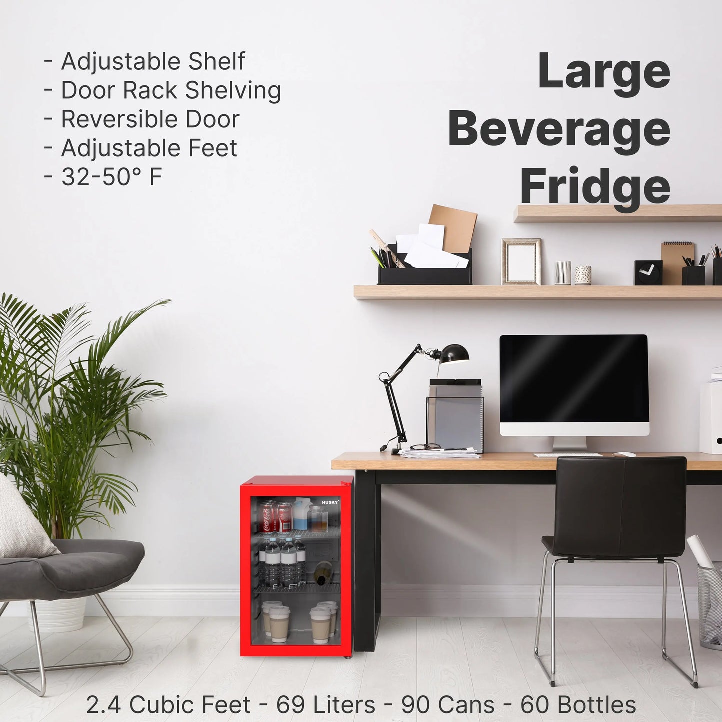 Husky Premium 69L Beverage Refrigerator 2.4 Cu.ft. Freestanding Mini Fridge With Glass Door in Red