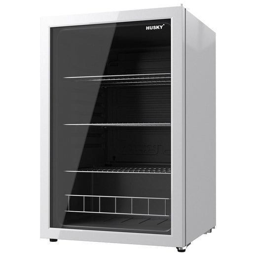 Husky Premium 131L Beverage Refrigerator 4.6 Cu.ft. Freestanding Mini Fridge With Glass Door in White