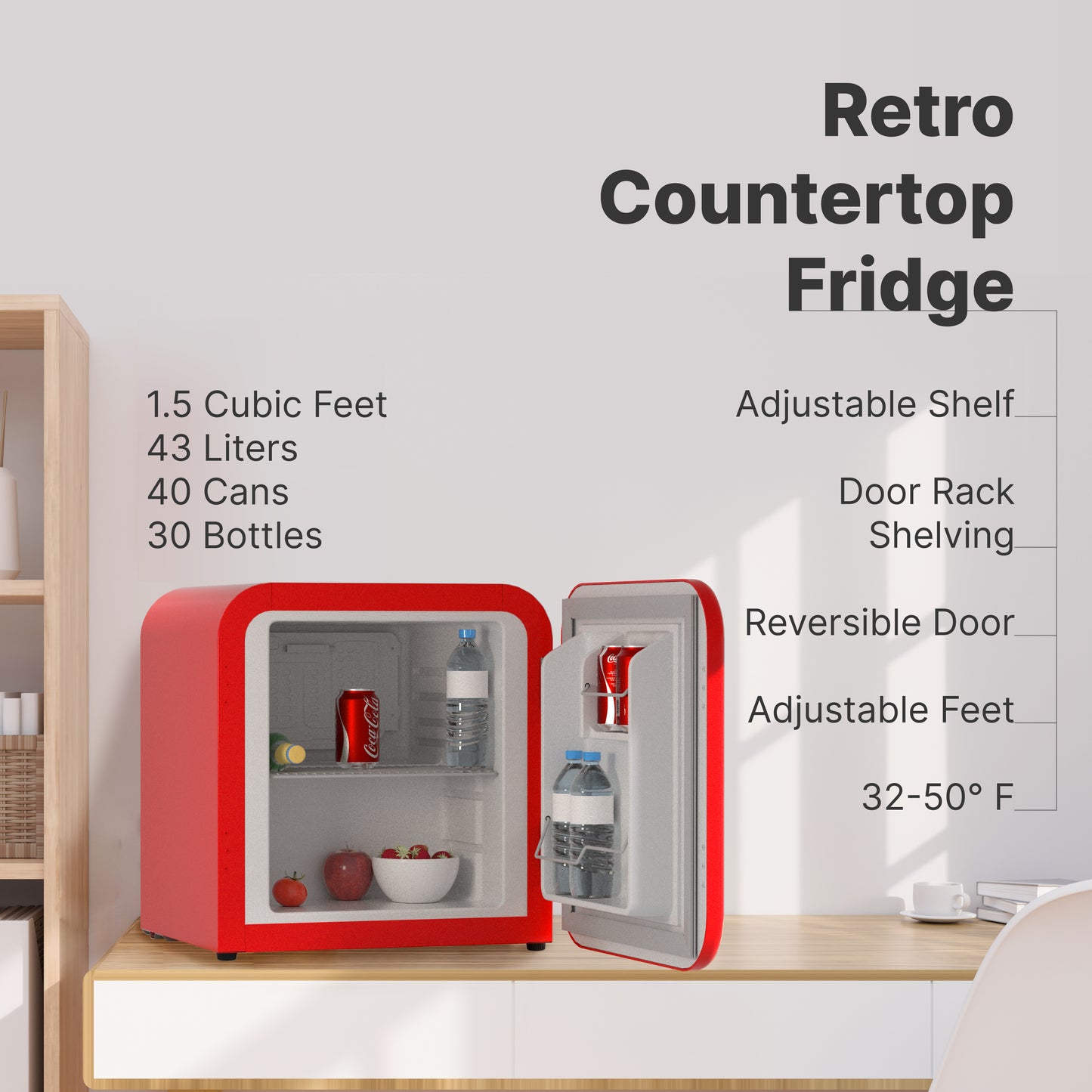 Husky Premium 43L Retro Style 1.5 C.ft. Freestanding Mini Fridge in Red