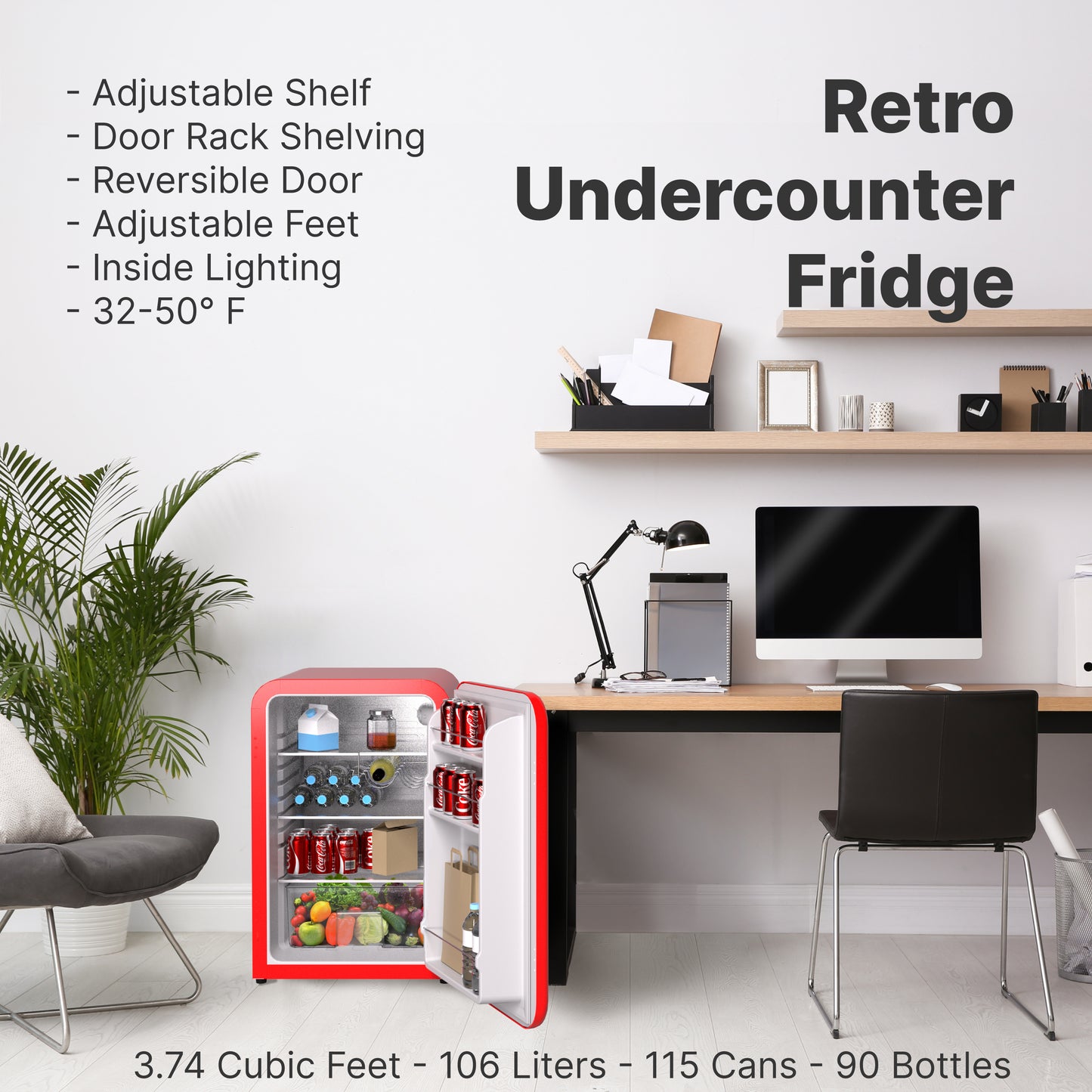 Husky Premium 106L Retro Style 3.74 Cu.ft. Freestanding Under-Counter Mini Fridge in Red