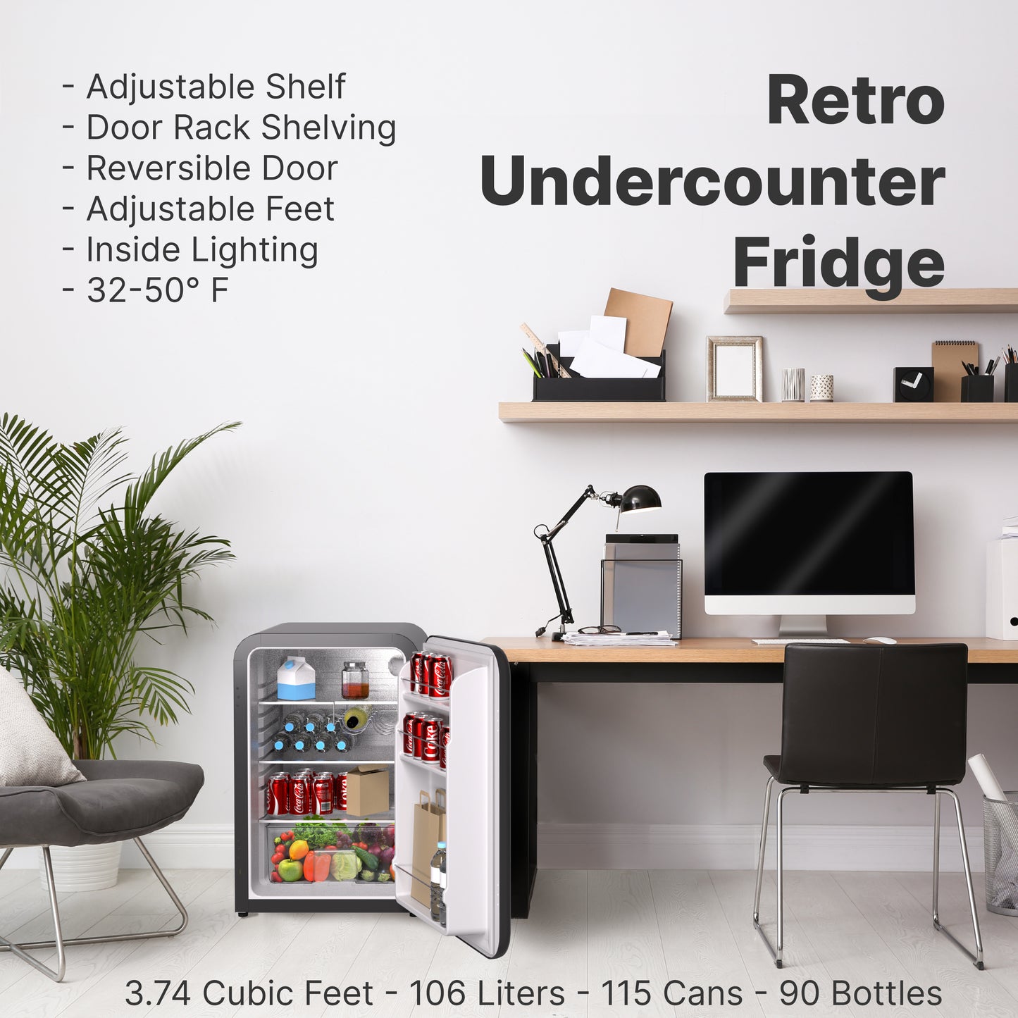 Husky Premium 106L Retro Style 3.74 Cu.ft. Freestanding Under-Counter Mini Fridge in Black