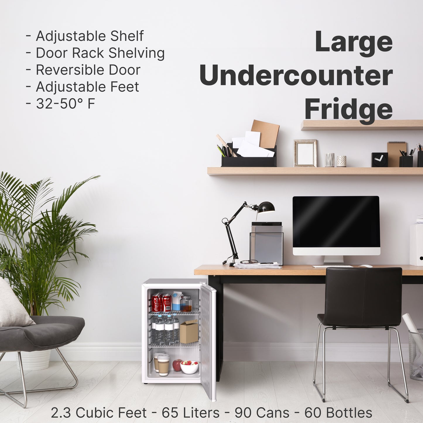 Husky Premium 65L Solid Door 2.3 Cu.ft. Freestanding Under-Counter Mini Fridge in White