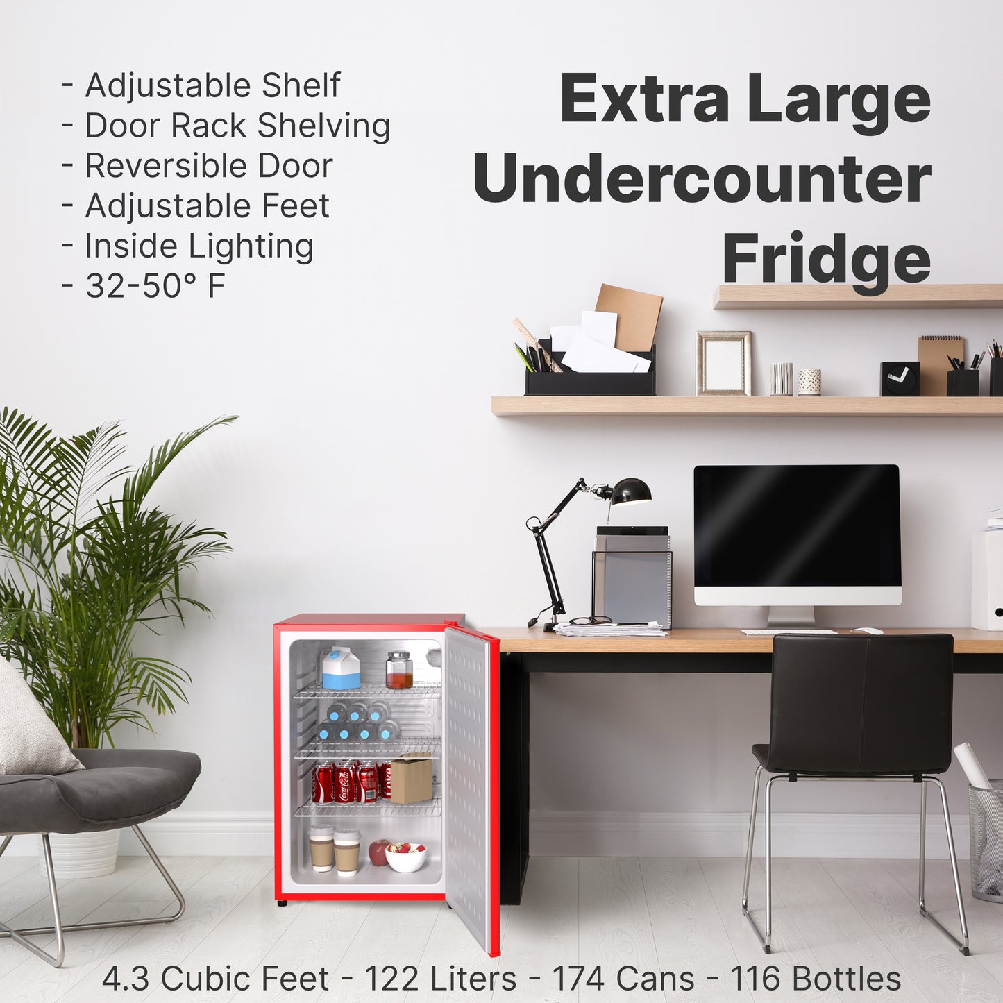 Husky Premium 122L Solid Door 4.3 Cu.ft. Freestanding Under-Counter Mini Fridge in Red