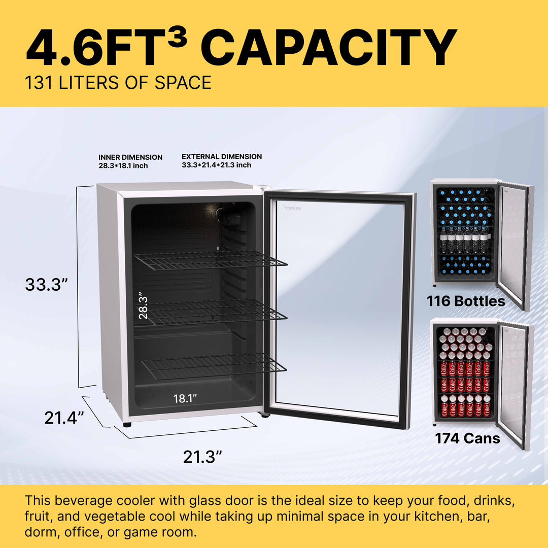 Husky Premium 131L Beverage Refrigerator 4.6 Cu.ft. Freestanding Mini Fridge With Glass Door in White
