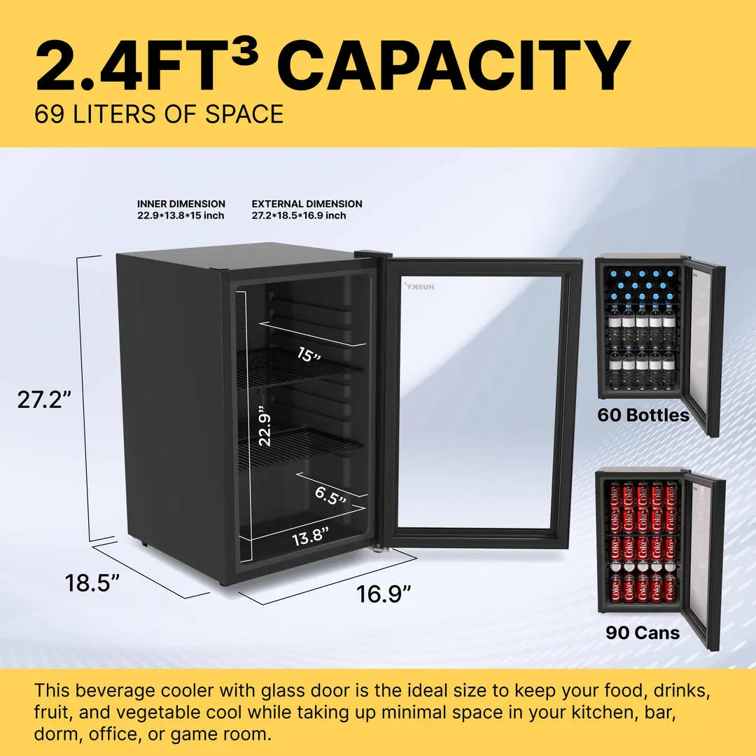 Husky Premium 69L Beverage Refrigerator 2.4 Cu.ft. Freestanding Mini Fridge With Glass Door in Red
