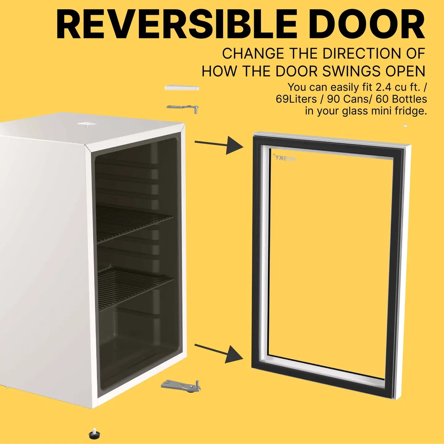 Husky Premium 69L Beverage Refrigerator 2.4 Cu.ft. Freestanding Mini Fridge With Glass Door in White