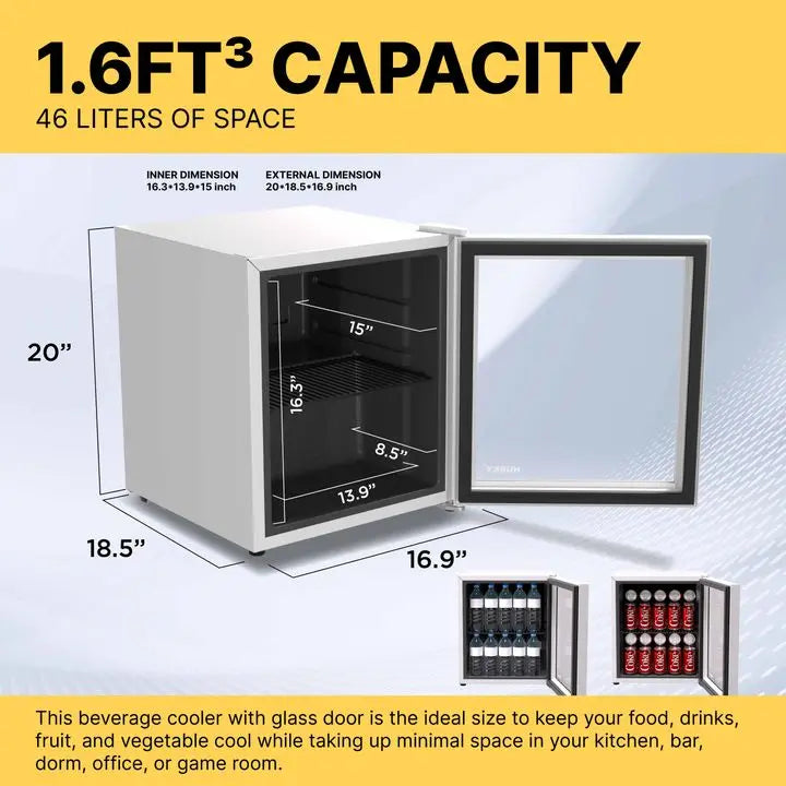Husky Premium 46L Beverage Refrigerator 1.6 Cu.ft. Freestanding Counter-Top Mini Fridge With Glass Door in Black