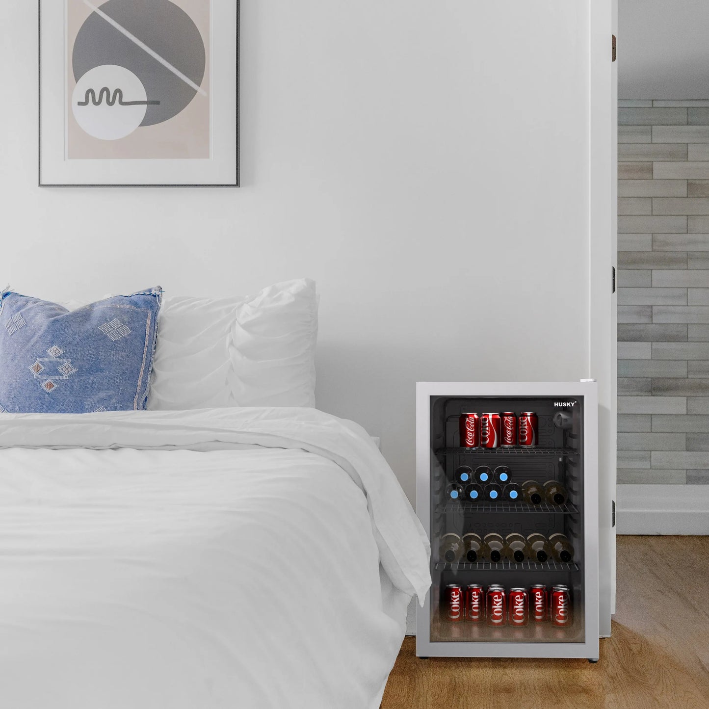 Husky Premium 131L Beverage Refrigerator 4.6 Cu.ft. Freestanding Mini Fridge With Glass Door in White
