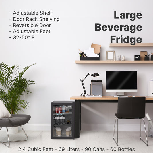 Husky Premium 69L Beverage Refrigerator 2.4 Cu.ft. Freestanding Mini Fridge With Glass Door in Black