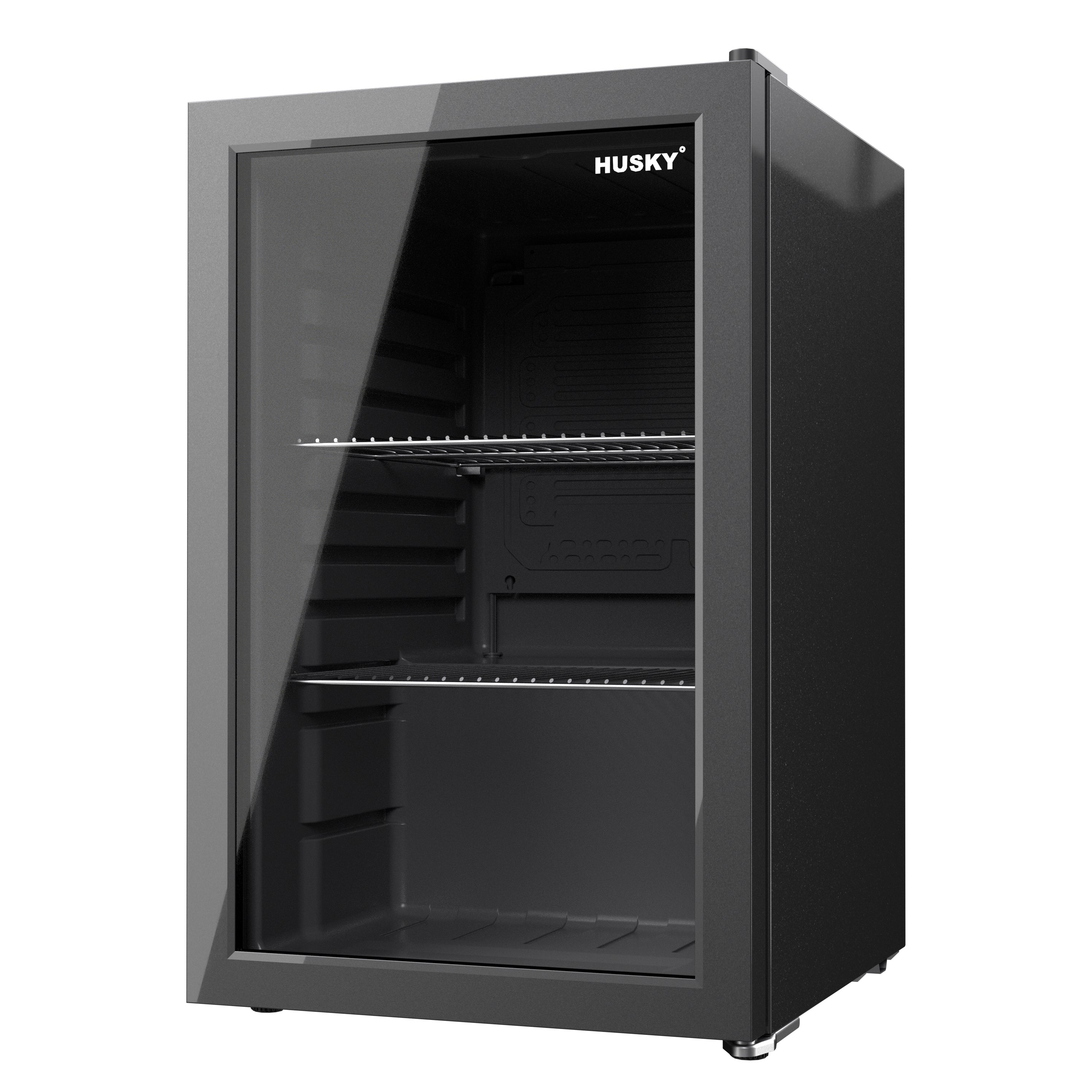 Black mini fridge with shop glass door