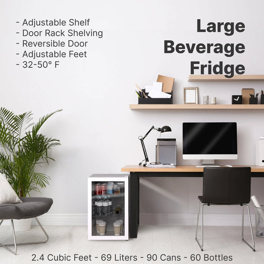 Husky Premium 69L Beverage Refrigerator 2.4 Cu.ft. Freestanding Mini Fridge With Glass Door in White