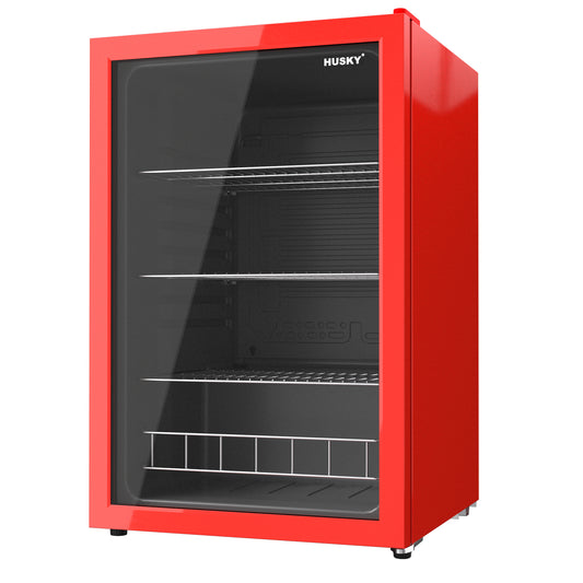 Husky Premium 131L Beverage Refrigerator 4.6 Cu.ft. Freestanding Mini Fridge With Glass Door in Red