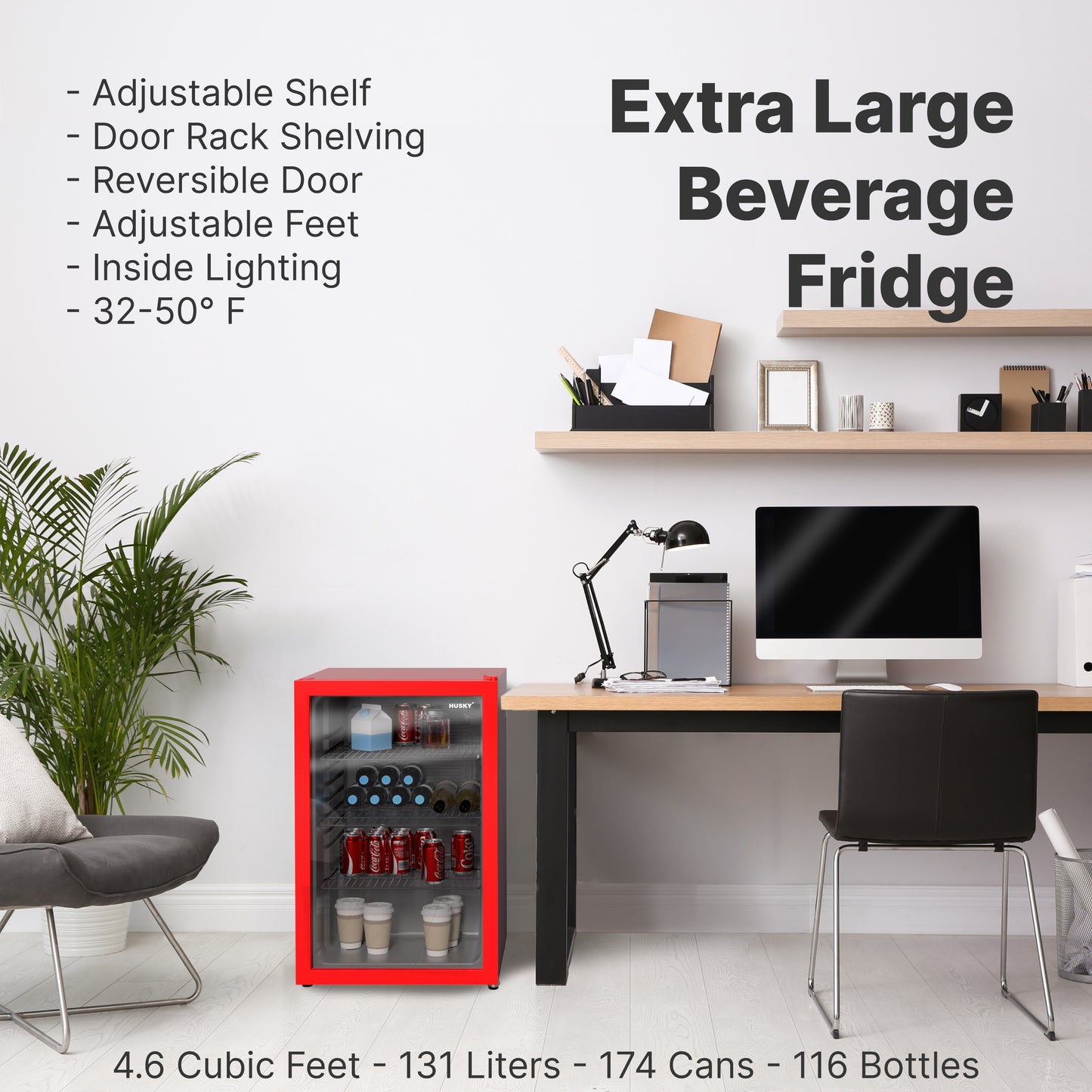 Husky Premium 131L Beverage Refrigerator 4.6 Cu.ft. Freestanding Mini Fridge With Glass Door in Red
