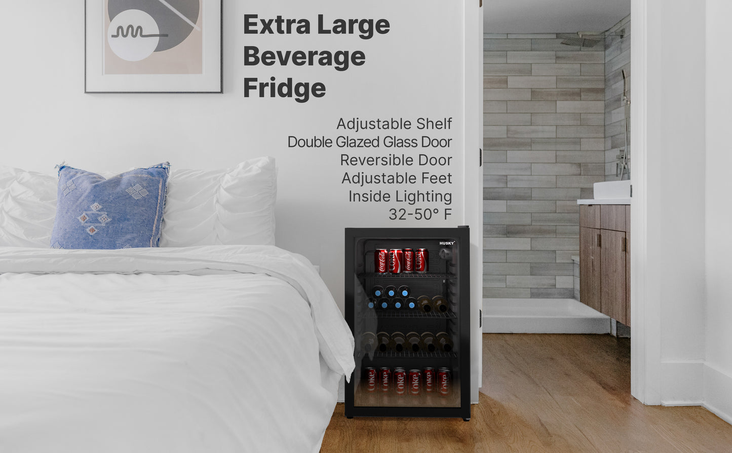 Husky 131L Beverage Refrigerator 4.6 C.ft. Freestanding Mini Fridge With Glass Door in Black