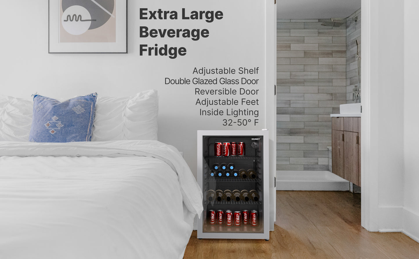 Husky 131L Beverage Refrigerator 4.6 C.ft. Freestanding Mini Fridge With Glass Door in White