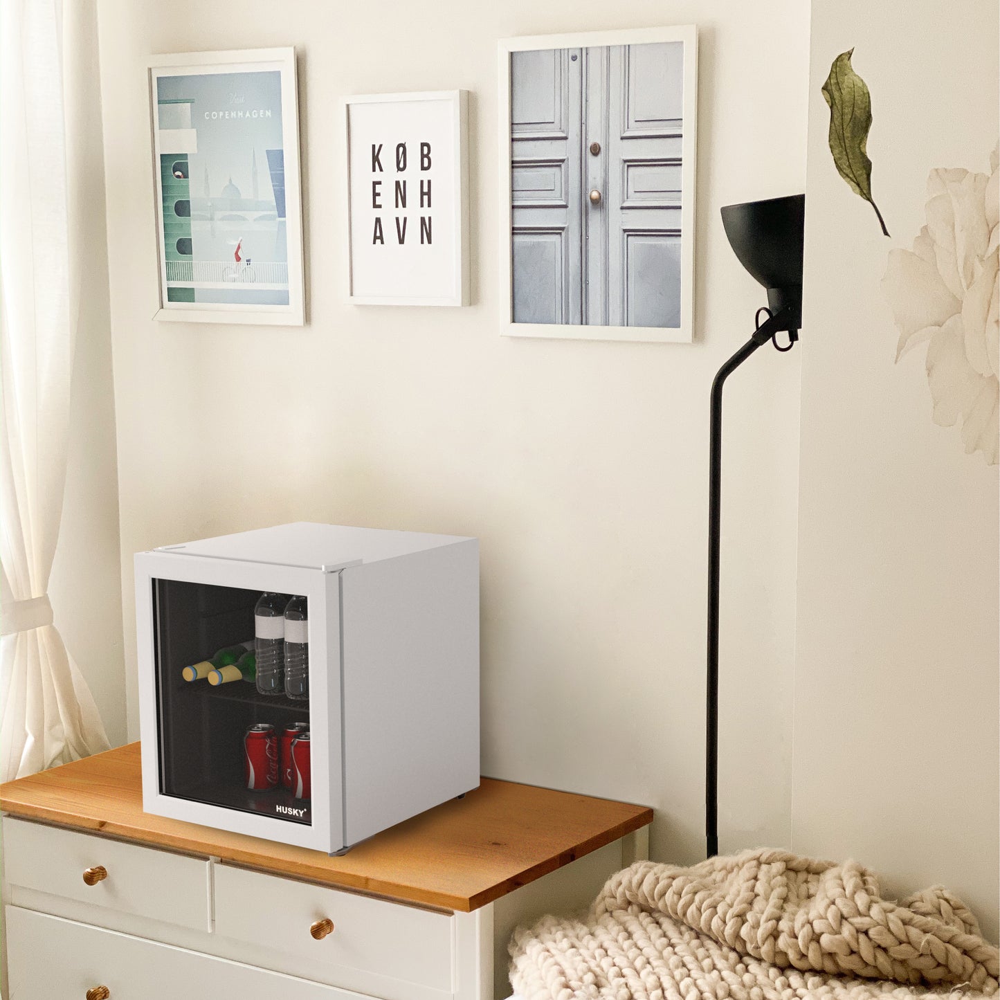 Husky 46L Beverage Refrigerator 1.6 C.ft. Freestanding Counter-Top Mini Fridge With Glass Door in White